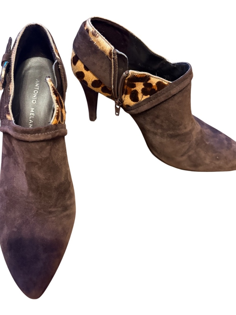 ANTONIO MELANI Brown Suede Pointed Leopard-Trim Ankle Booties
